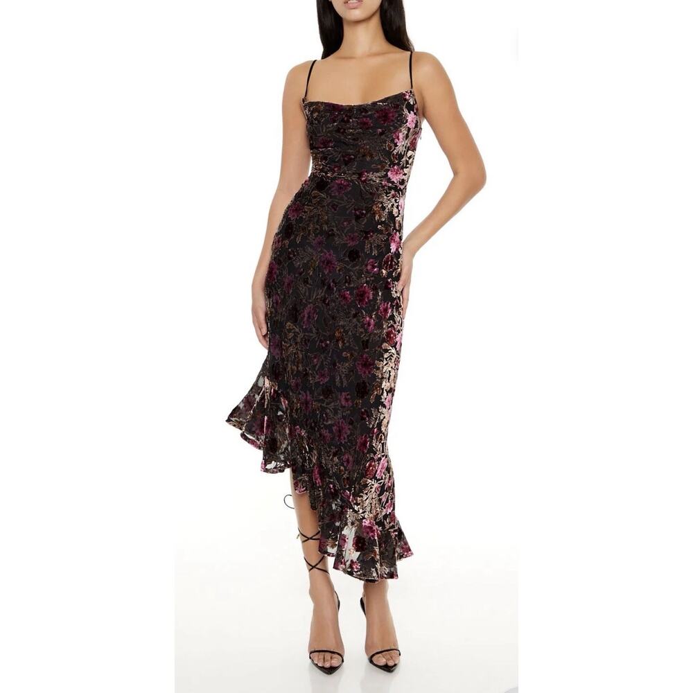 Y2K Sheer Burnout Velvet Floral Slip Dress Dark Coquette Grunge Fairy Asymetric - Picture 5 of 16